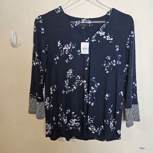 J. Jill Wearever V-Neck Border-Print Tunic Long Sleeve Blouse NWT Womens Navy XS